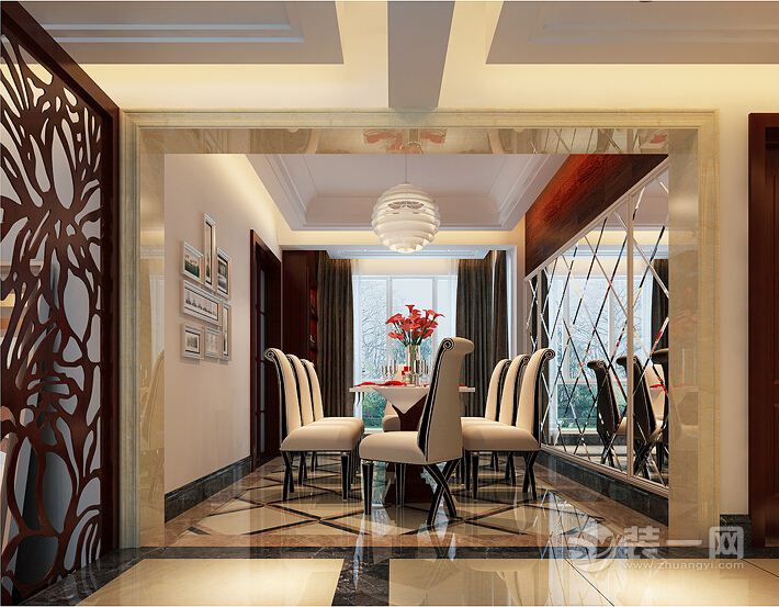 南昌联泰滨江120平米三居室新古典风格餐厅-餐桌，储物柜，灯具，瓷砖
