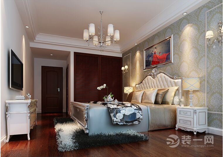 南昌联泰滨江120平米三居室新古典风格卧室-床头柜，床，灯，瓷砖，隐形门