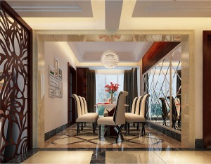 南昌联泰滨江120平米三居室新古典风格餐厅-餐桌，储物柜，灯具，瓷砖
