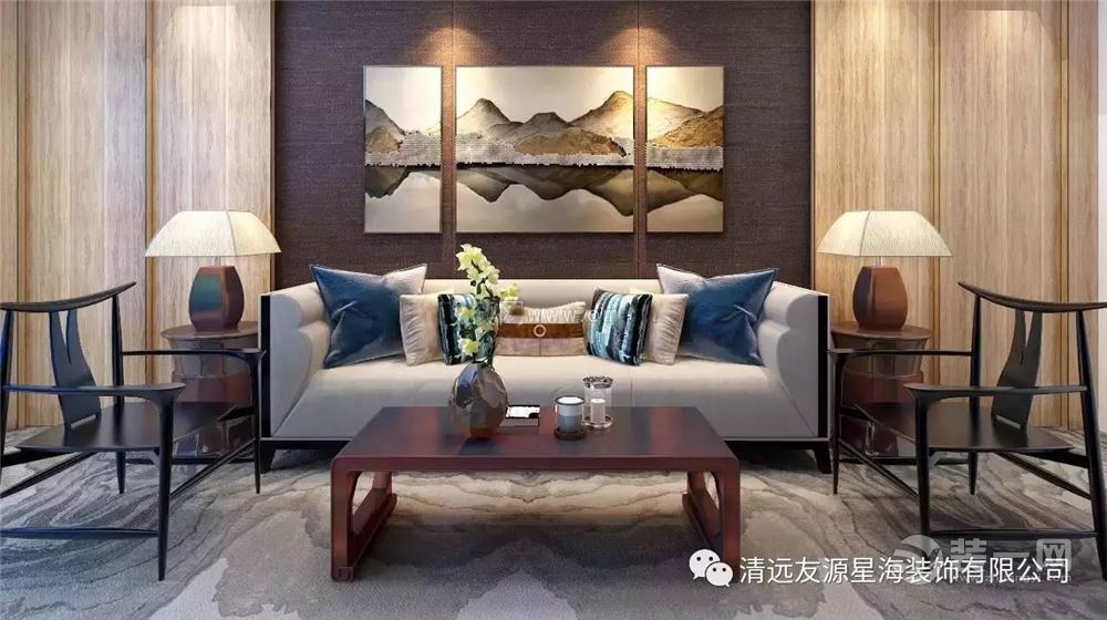 新中式客厅沙发墙装修图新中式风格的墙面设计充分演绎了中式传统美学的内涵与当前时代背景下人们的审美取向