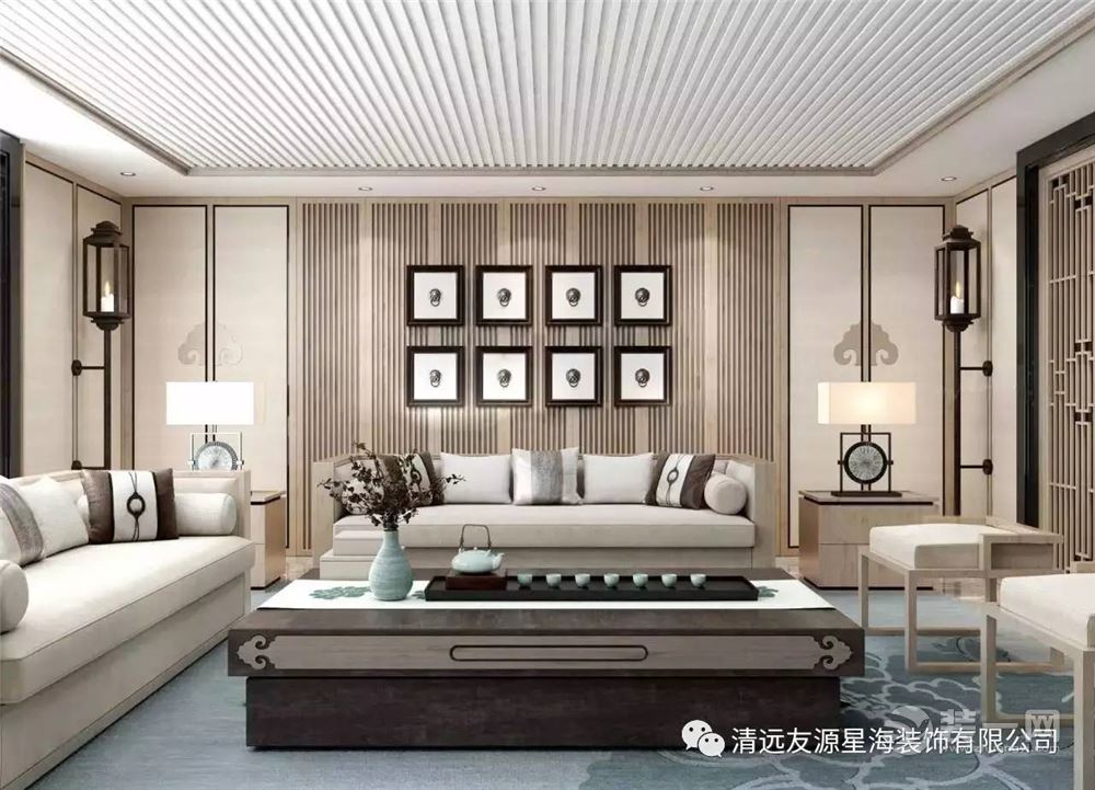新中式客沙发墙是客厅的一个视觉中心，沙发及墙面的搭配都体现出整体风格与格调，更多的时候，它是一幅画。