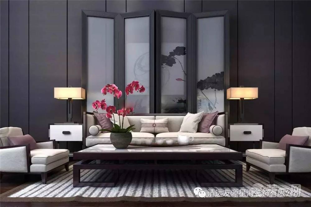 新中式客厅沙发墙装修图片在造型、材质、家具、软饰等各种不同空间元素的运用上巧妙融合