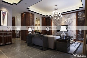 上海天居玲珑湾380平别墅中式设计客厅