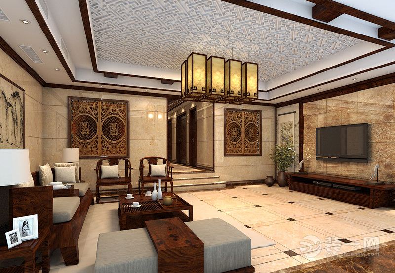 汀湘十里 别墅 300平 造价49万 中式风格客厅