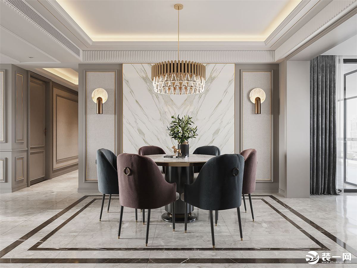典雅的灰色大理石餐桌，不规则线条吊顶，增加空间的精致感