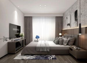 主卧室的色彩要暖一些，窗帘也是选择暖色系列的灰，从床到床头背景木饰面板再到床头柜都是暖色系列