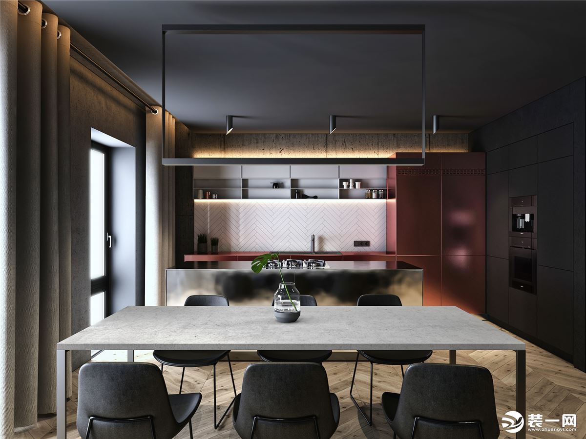 六人位的餐桌简单的餐桌设计，厨房以红色与银色的搭配，时尚前卫体现在空间中。