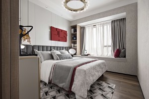 主卧延续客厅的风格，以白色作为主体，红色的点缀，感受华丽。
