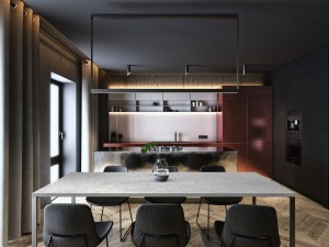 六人位的餐桌简单的餐桌设计，厨房以红色与银色的搭配，时尚前卫体现在空间中。