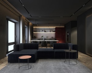 客厅以黑色作为整体的色调，纯黑色调的沙发绒面的材质，感受细腻与舒适，更加凸显线条感的利落