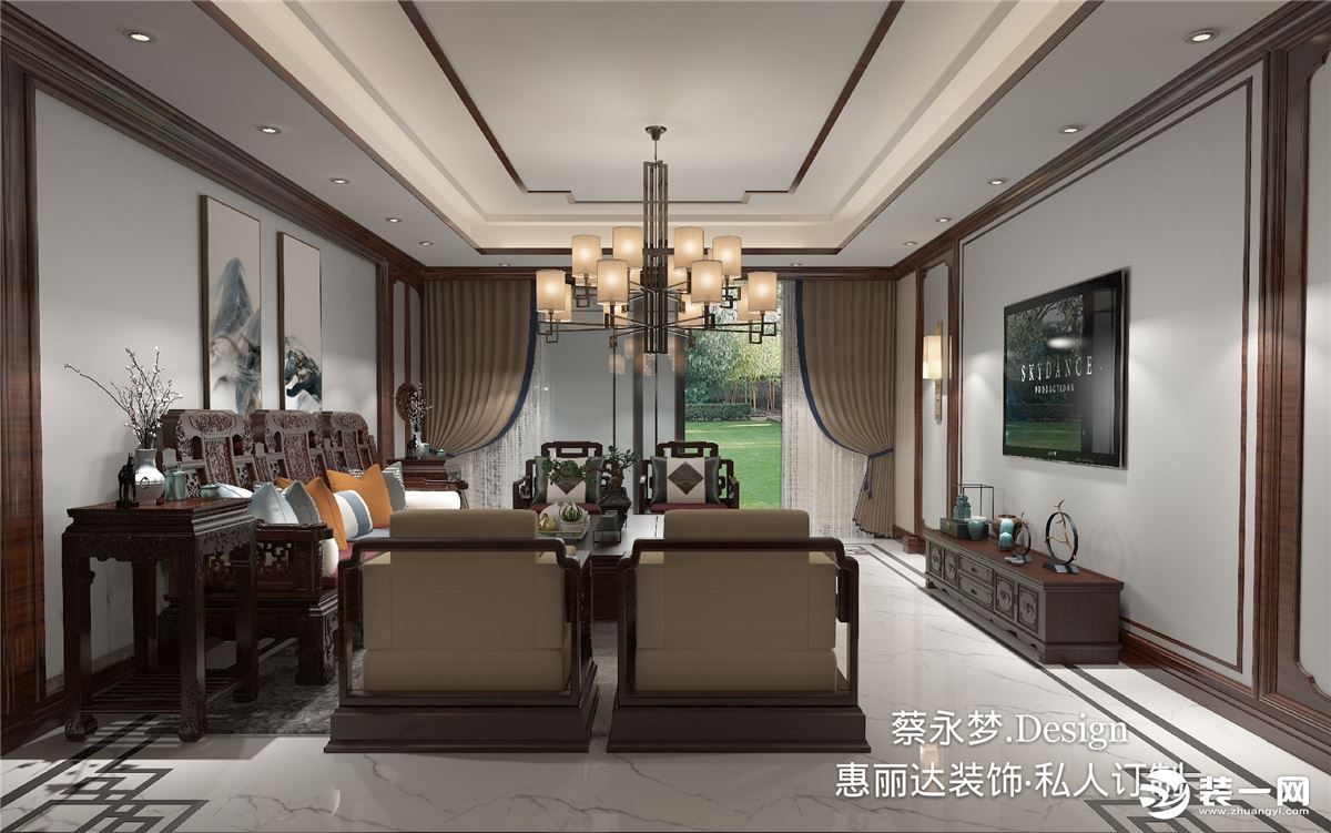 本案例客厅沙发、餐厅的餐桌、卧室的柜子都以中式红木为主，突出中式风。