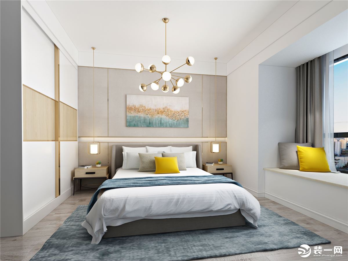 卧室设计搭配也是比较自然淡雅，白色的墙面搭配温馨的橡木地板，软装方面也是浅色为主，比如选择了米白色的
