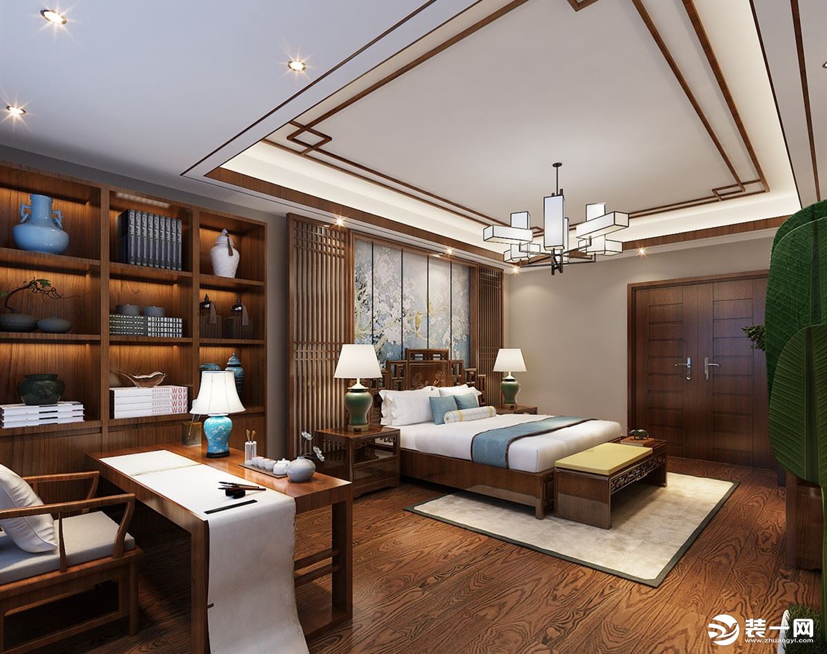 卧室：中式屏风为背景，以现代的装饰手法和家具，结合中式古典的装饰元素，呈现亦古亦今的空间氛围。床头背