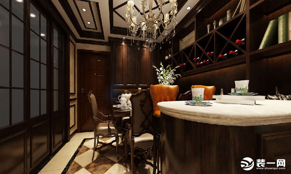 餐厅：通过鞋柜／酒柜与护墙板同色系板材使得空间大尺度地延伸。