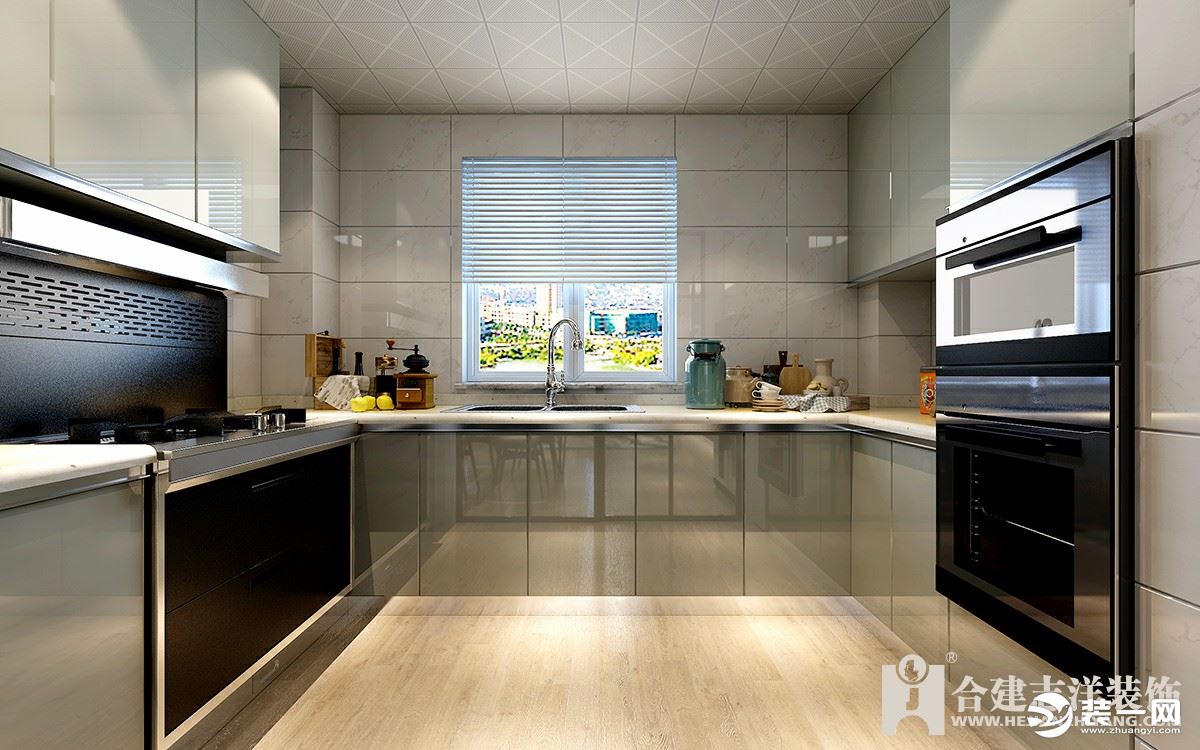 厨房：浅灰色的橱柜，搭配白色素净的墙砖