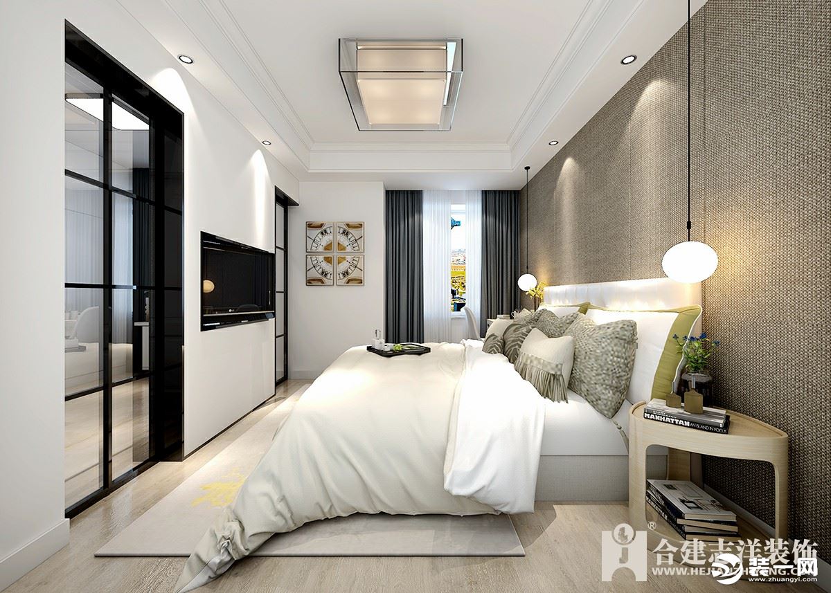 主卧：卧室的床头墙是仿布带有质感的高级壁纸墙面