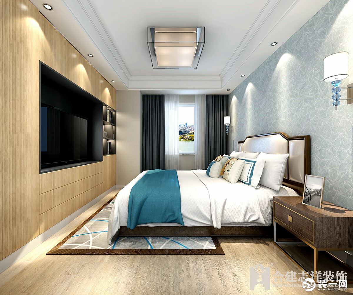 主卧：卧室的床头墙是仿布带有质感的高级壁纸墙面