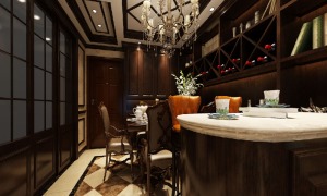 餐厅：通过鞋柜／酒柜与护墙板同色系板材使得空间大尺度地延伸。