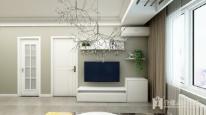 客餐厅：客厅整体灰色墙面，搭配白色简洁家具。
