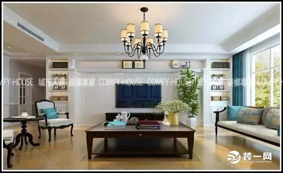 客厅空间给人感觉明亮宽敞，电视墙面简单的线条造型与吊顶灯装饰，自然舒适。