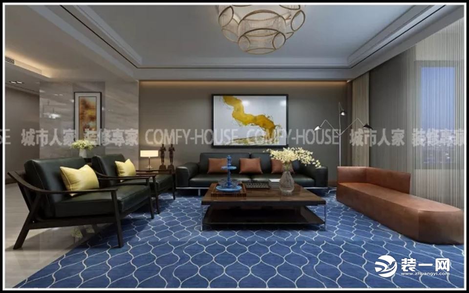 浅灰纹理大理石的电视背景墙，软装上搭配蓝色的毛绒地毯，黄色笔触的极简装饰画，线条干净简洁的现代深咖茶