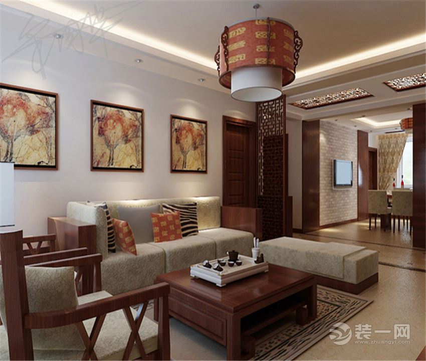 中海国际167平三居室新中式风格半包7.3万装修效果图客厅