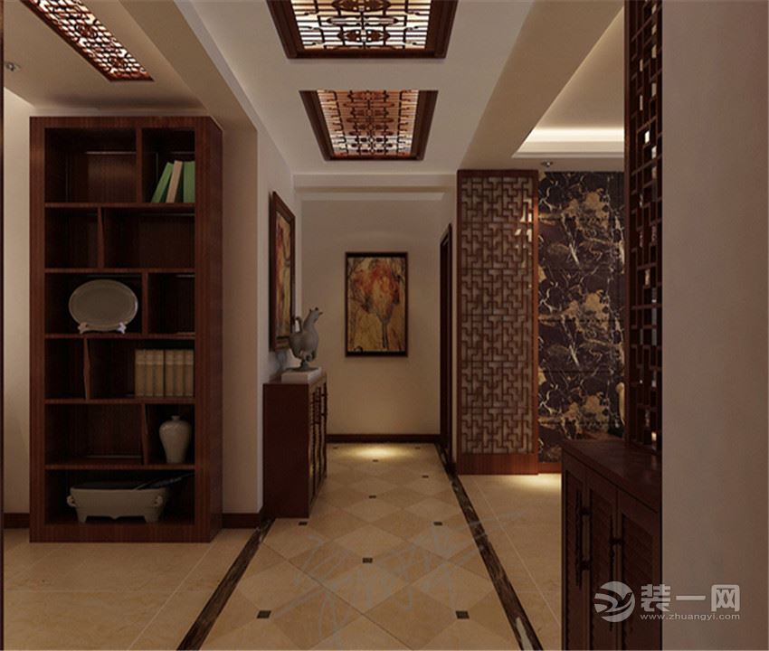 中海国际167平三居室新中式风格半包7.3万装修效果图走道