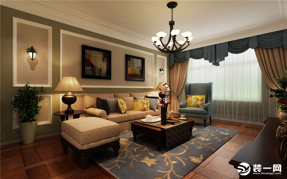 哈尔滨华润装饰 万达城87㎡三室两厅两卫美式风格客厅效果图