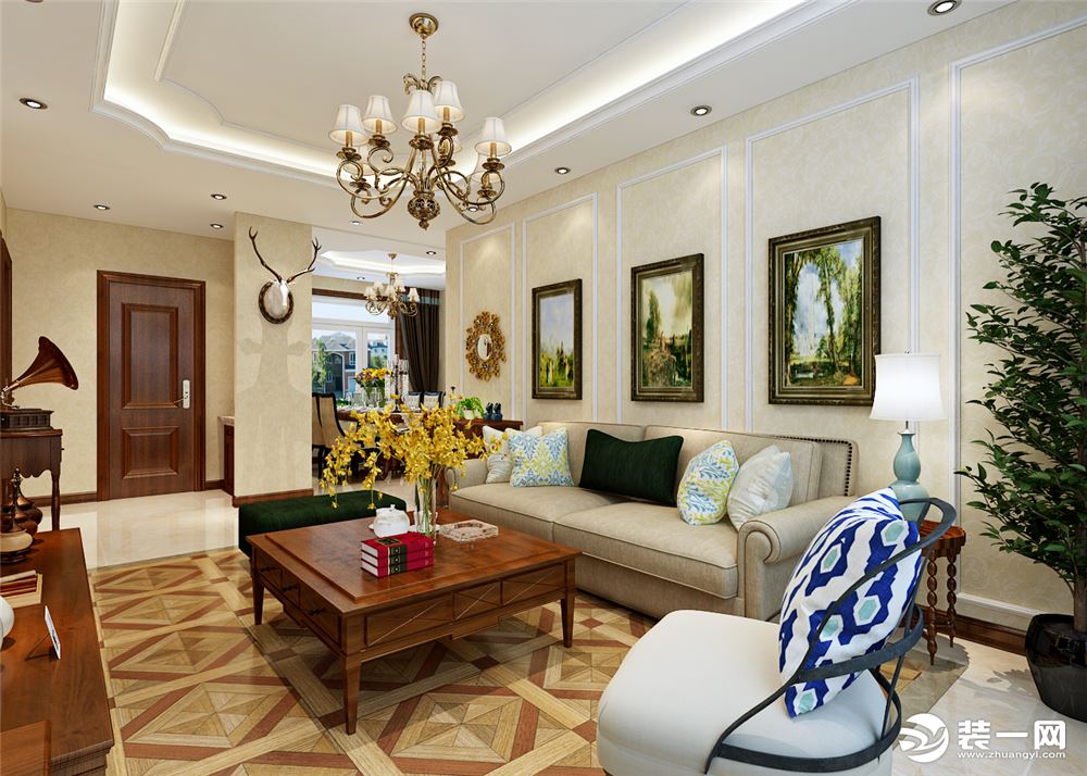 哈尔滨华润装饰 三松宜家75㎡两室一厅美式风格客厅效果图