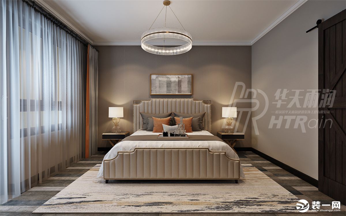 卧室以灰色为主色调，用橙色为点缀色，主灯设计感较强，搭配不同的辅助光源，营造出温馨的氛围。