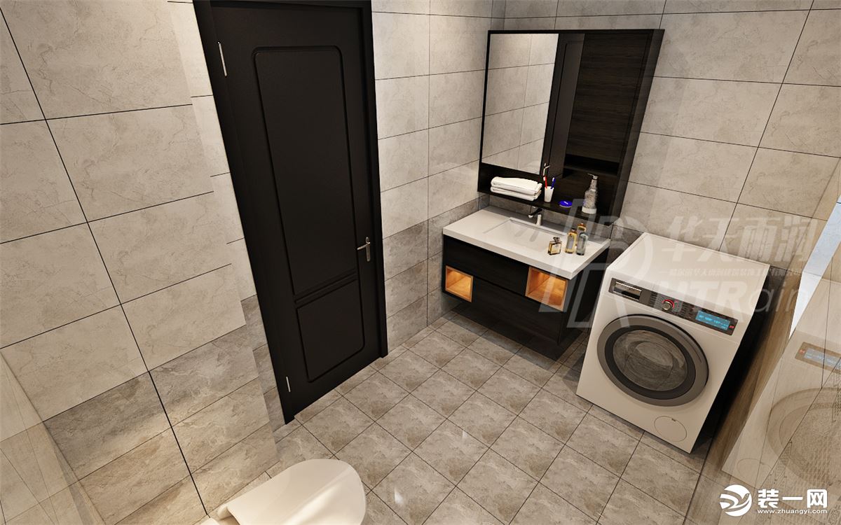 卫生间以简约利落的材质铺叙与明亮大方的格局尺度，主要以黑白灰结合，体现舒适优雅的生活态度。