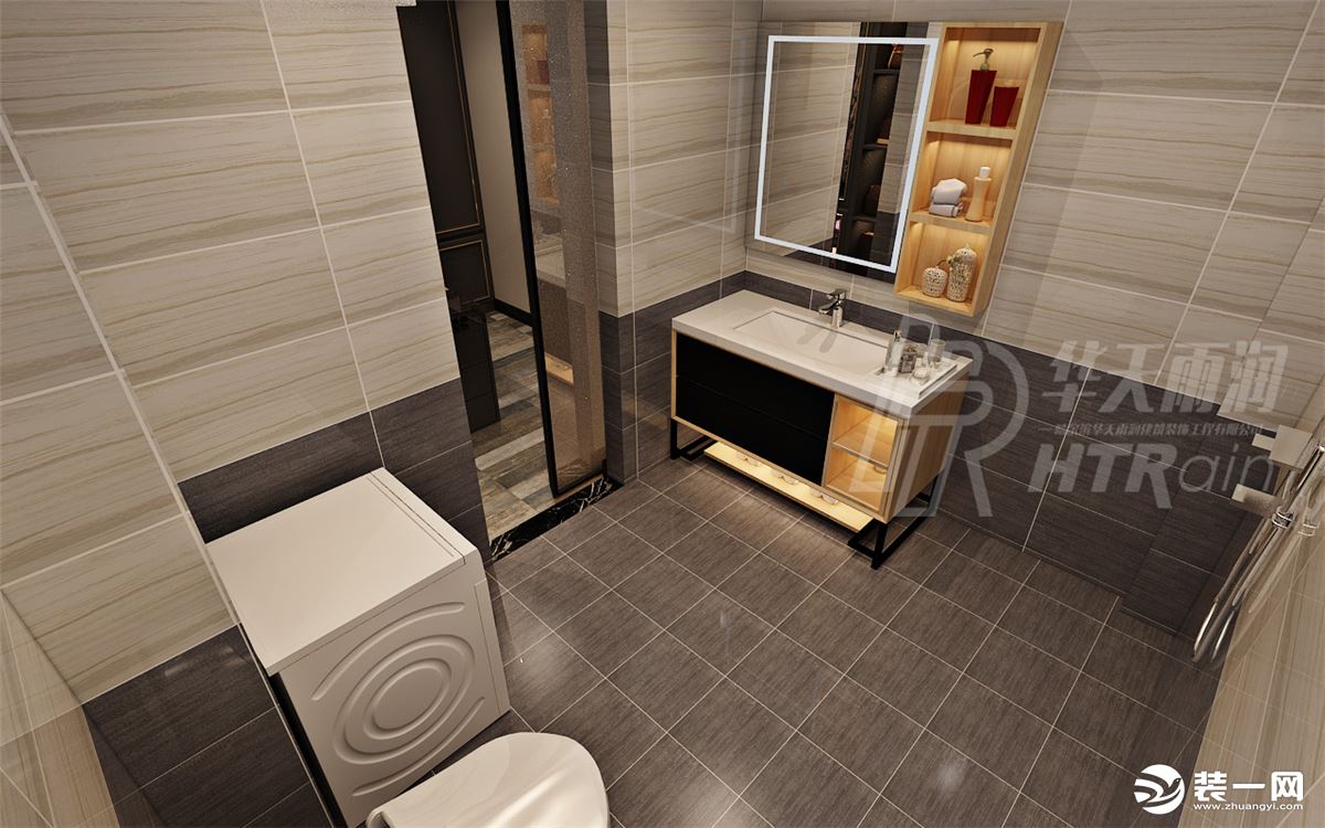 卫生间以简约利落的材质铺叙与明亮大方的格局尺度，主要以黑白灰结合，体现舒适优雅的生活态度。
