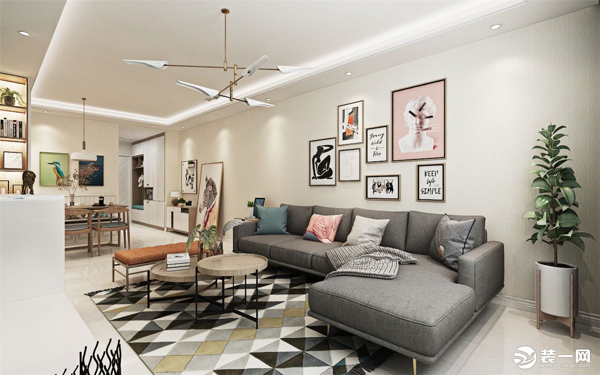 沙发背景墙画为简单背景 灰色沙发提升整体空间的高档规格