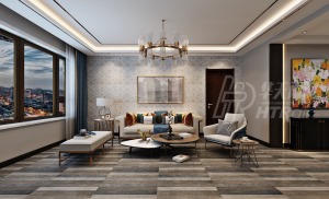 客厅区域运用石材及金属线条作为装饰背景，灰色地砖整体搭配，使客厅区域整体简洁大气。