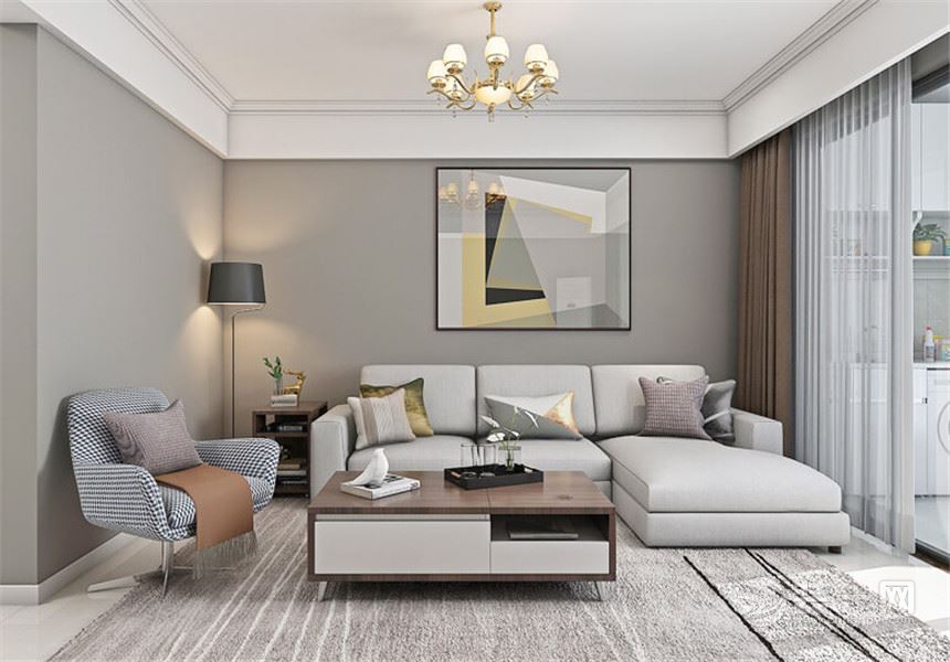 客厅的主色调为灰色，点缀以咖啡色和金色的家具、抱枕挂画、窗帘，给平淡的调子增加了无比的高级感，整体形