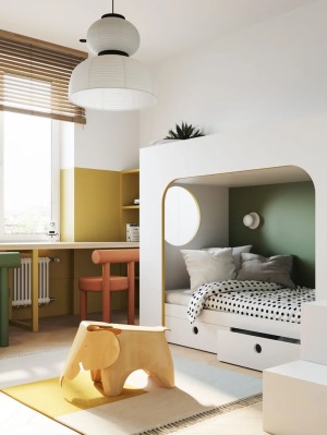 兒童房間采用上下床，明亮的顏色對比更顯得房間有朝氣。