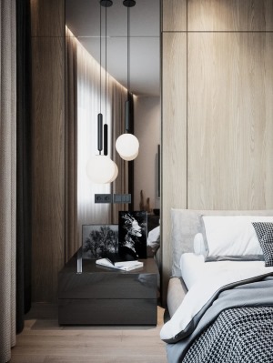 卧室采用丰富的色彩设计，与白色形成对比，并使用织物，镜子，门和橱柜的整合方法，从而使空间“更清洁”。