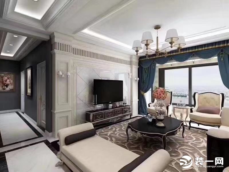 汉城壹号130㎡三室两厅简欧风设计紫苹果装饰集团客厅吊顶设计案例效果图