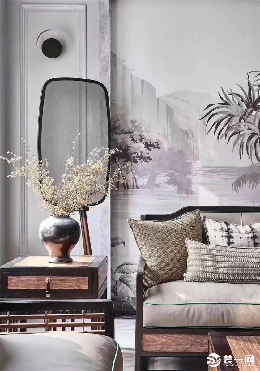西安紫苹果装饰怎么样-京科花园120㎡中式轻奢风设计-客厅沙发背景墙效果图