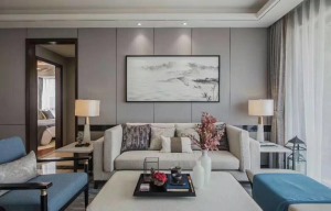 辰宫双河湾140㎡三室两厅西安紫苹果装饰新中式风格设计案例效果图