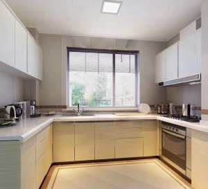 天时新苑130㎡三室两厅西安紫苹果装饰治愈系简约风设计效果图-U型厨房设计效果图