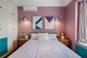 天福和园西安紫苹果装饰美式风格装饰装修效果图-卧室床头软装设计效果图