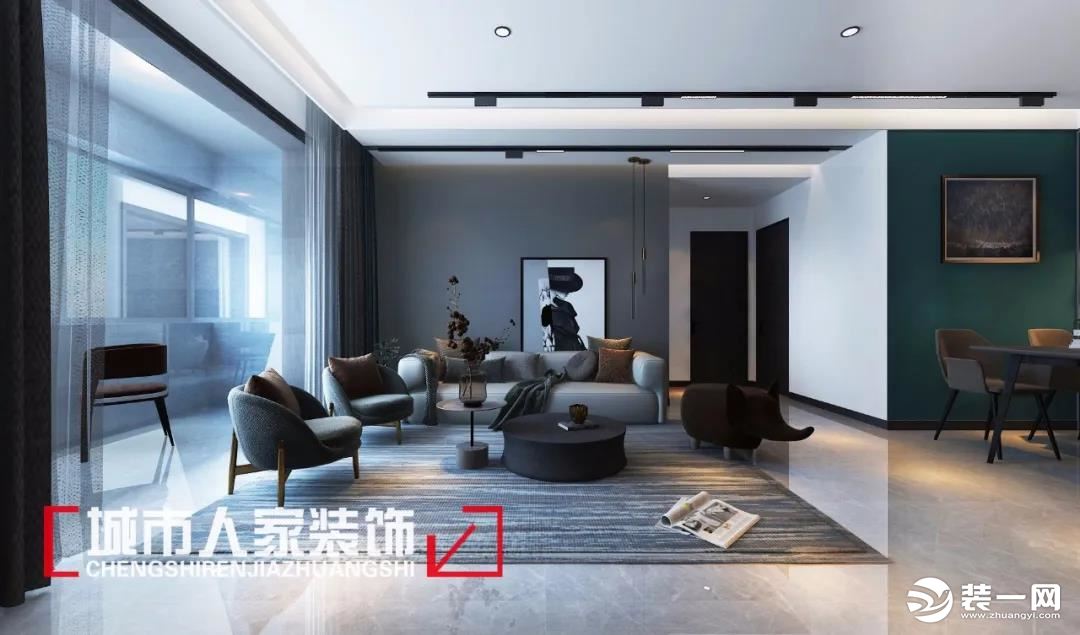 整体房子的硬装与家具都是以高级灰色调为主体，营造出一种轻奢时尚的空间感，并在空间里点缀高雅的绿色