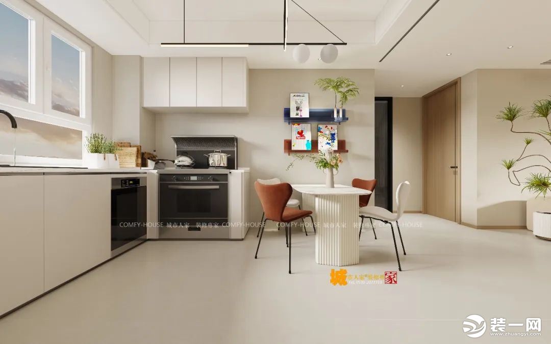 做开放式厨房  地面与墙面的颜色材质 划分出空间与功能分区