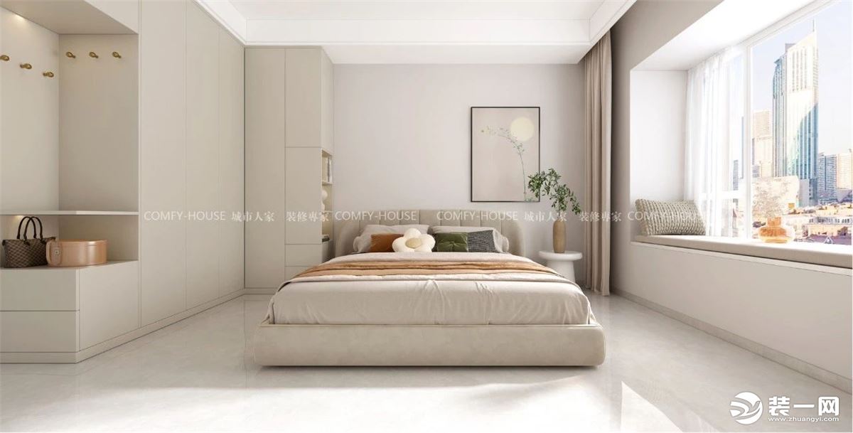主卧延续整体的色调  素雅的床品、精致的装饰画  生动的绿植点缀 温柔和了整个空间