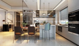 客餐厅连贯，开放式厨房让空间利用率更高；简约的餐桌椅，让用餐空间更加稳重舒适