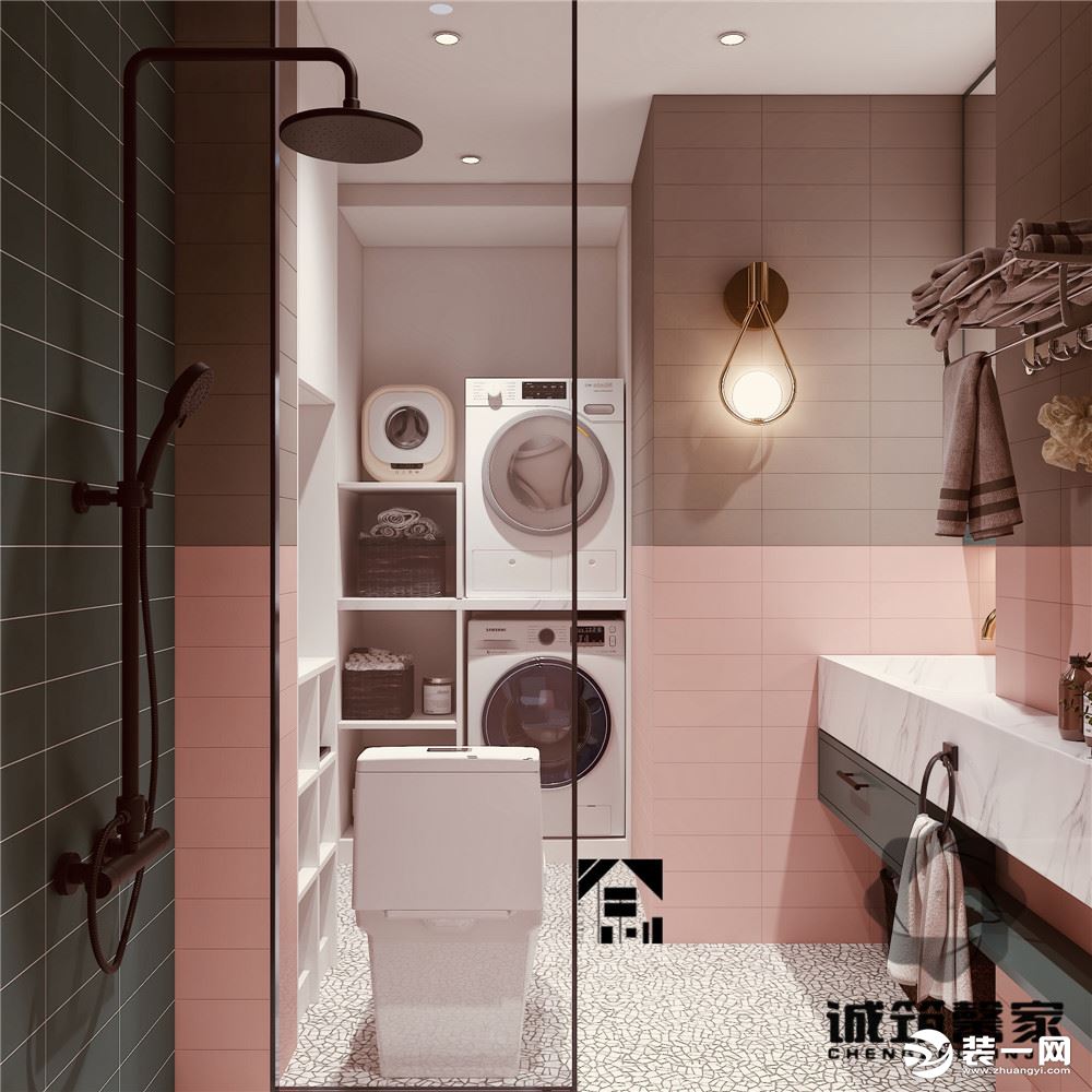 主卫：主卫采用白色+灰色的色调来设计，为了呼应其他空间，浴室柜采用粉色调，使整个空间显得更有氛围。