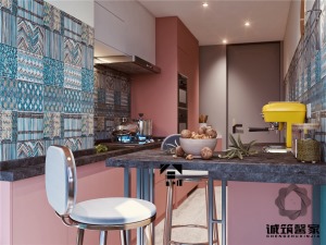 厨房：厨房由于客户的特殊需求，采用绿色搭配粉色，使得整个空间有点异国风情的感觉。