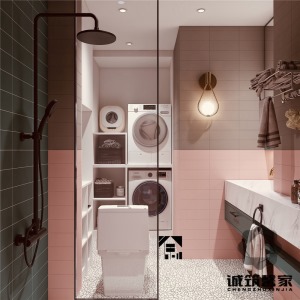 主卫：主卫采用白色+灰色的色调来设计，为了呼应其他空间，浴室柜采用粉色调，使整个空间显得更有氛围。