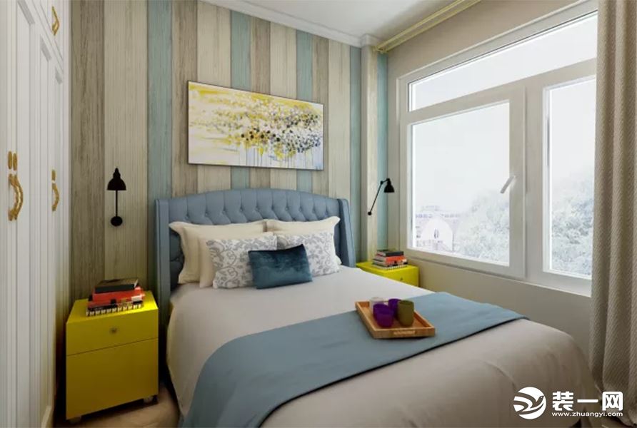次卧，将沙发背景墙运用到了这里，配上两个明黄色的床头柜，丰富空间层次，让小清新的卧室多了温度。